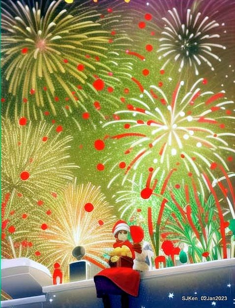 AI painting artwork creation --- Happy New Year 2023 Fireworks show(小女孩的奇幻焰火秀幸福之旅!), Taipei, Taiwan, SJKen, Jan 2, 2023.