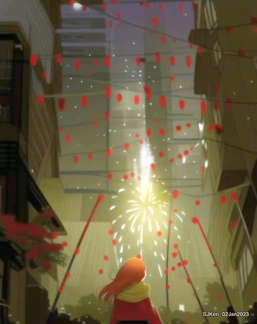 AI painting artwork creation --- Happy New Year 2023 Fireworks show(小女孩的奇幻焰火秀幸福之旅!), Taipei, Taiwan, SJKen, Jan 2, 2023.