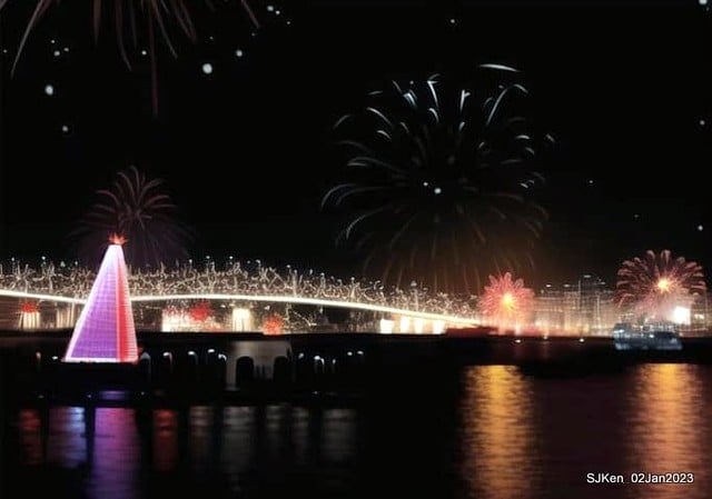 AI painting artwork creation --- Happy New Year 2023 Fireworks show(小女孩的奇幻焰火秀幸福之旅!), Taipei, Taiwan, SJKen, Jan 2, 2023.