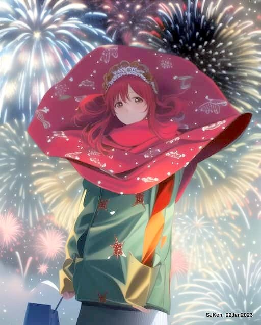 AI painting artwork creation --- Happy New Year 2023 Fireworks show(小女孩的奇幻焰火秀幸福之旅!), Taipei, Taiwan, SJKen, Jan 2, 2023.
