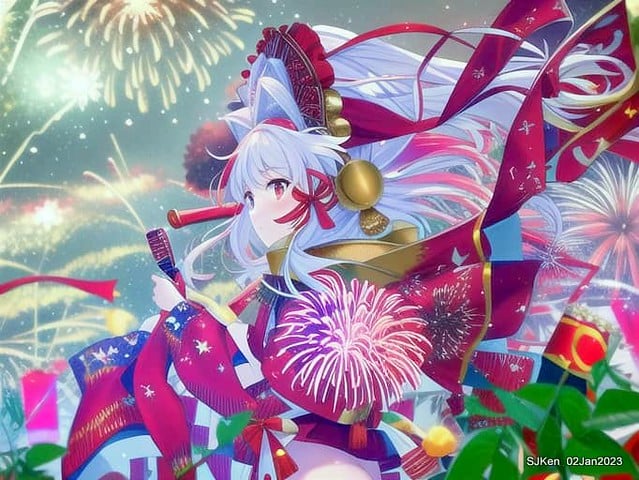 AI painting artwork creation --- Happy New Year 2023 Fireworks show(小女孩的奇幻焰火秀幸福之旅!), Taipei, Taiwan, SJKen, Jan 2, 2023.