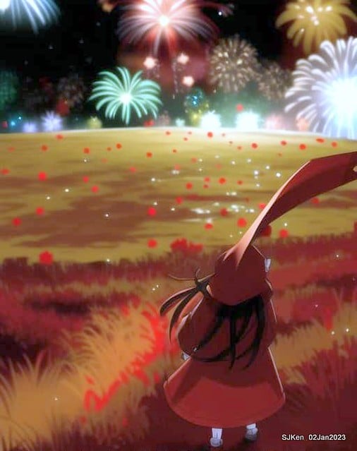 AI painting artwork creation --- Happy New Year 2023 Fireworks show(小女孩的奇幻焰火秀幸福之旅!), Taipei, Taiwan, SJKen, Jan 2, 2023.