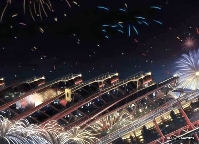AI painting artwork creation --- Happy New Year 2023 Fireworks show(小女孩的奇幻焰火秀幸福之旅!), Taipei, Taiwan, SJKen, Jan 2, 2023.