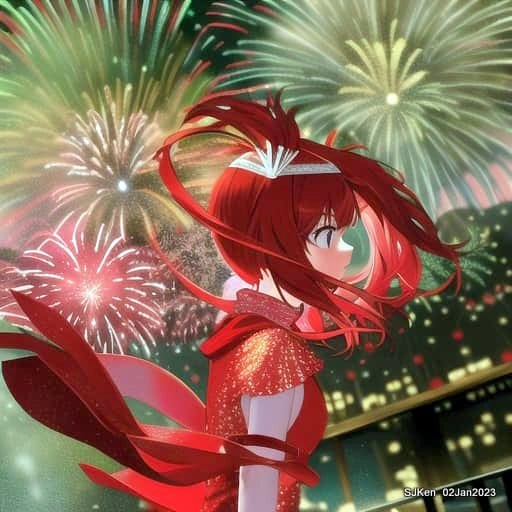 AI painting artwork creation --- Happy New Year 2023 Fireworks show(小女孩的奇幻焰火秀幸福之旅!), Taipei, Taiwan, SJKen, Jan 2, 2023.