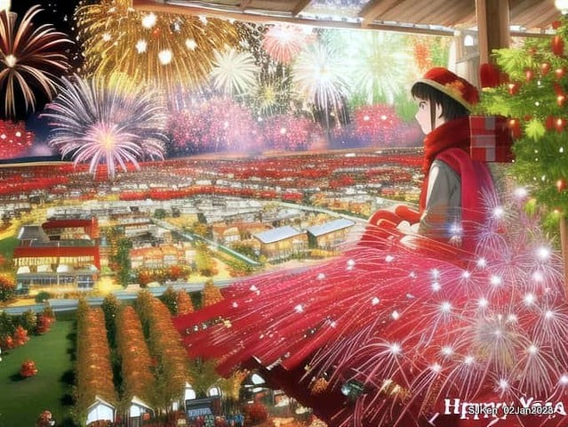 AI painting artwork creation --- Happy New Year 2023 Fireworks show(小女孩的奇幻焰火秀幸福之旅!), Taipei, Taiwan, SJKen, Jan 2, 2023.