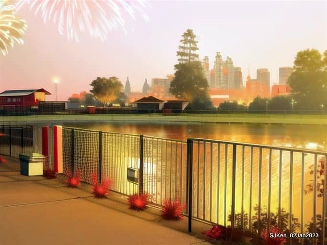 AI painting artwork creation --- Happy New Year 2023 Fireworks show(小女孩的奇幻焰火秀幸福之旅!), Taipei, Taiwan, SJKen, Jan 2, 2023.