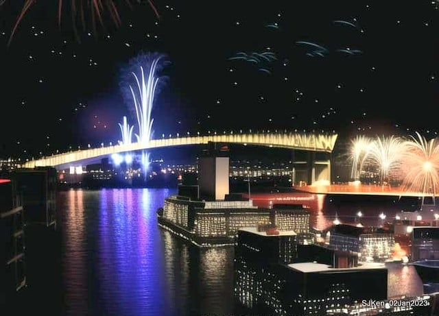 AI painting artwork creation --- Happy New Year 2023 Fireworks show(小女孩的奇幻焰火秀幸福之旅!), Taipei, Taiwan, SJKen, Jan 2, 2023.