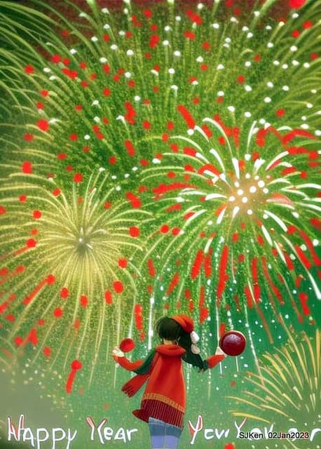 AI painting artwork creation --- Happy New Year 2023 Fireworks show(小女孩的奇幻焰火秀幸福之旅!), Taipei, Taiwan, SJKen, Jan 2, 2023.