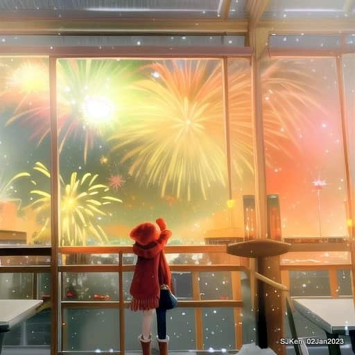 AI painting artwork creation --- Happy New Year 2023 Fireworks show(小女孩的奇幻焰火秀幸福之旅!), Taipei, Taiwan, SJKen, Jan 2, 2023.