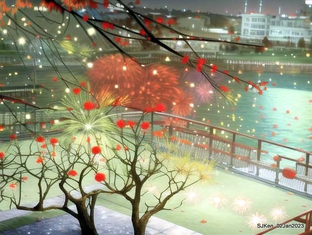 AI painting artwork creation --- Happy New Year 2023 Fireworks show(小女孩的奇幻焰火秀幸福之旅!), Taipei, Taiwan, SJKen, Jan 2, 2023.