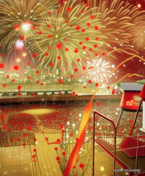 AI painting artwork creation --- Happy New Year 2023 Fireworks show(小女孩的奇幻焰火秀幸福之旅!), Taipei, Taiwan, SJKen, Jan 2, 2023.