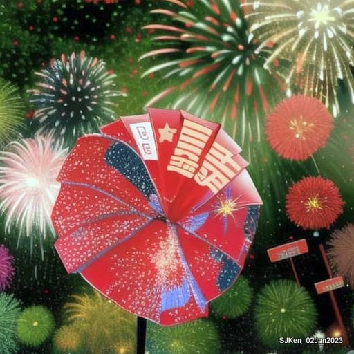 AI painting artwork creation --- Happy New Year 2023 Fireworks show(小女孩的奇幻焰火秀幸福之旅!), Taipei, Taiwan, SJKen, Jan 2, 2023.