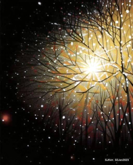 AI painting artwork creation --- Happy New Year 2023 Fireworks show(小女孩的奇幻焰火秀幸福之旅!), Taipei, Taiwan, SJKen, Jan 2, 2023.