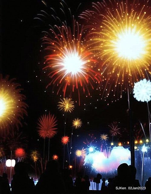 AI painting artwork creation --- Happy New Year 2023 Fireworks show(小女孩的奇幻焰火秀幸福之旅!), Taipei, Taiwan, SJKen, Jan 2, 2023.