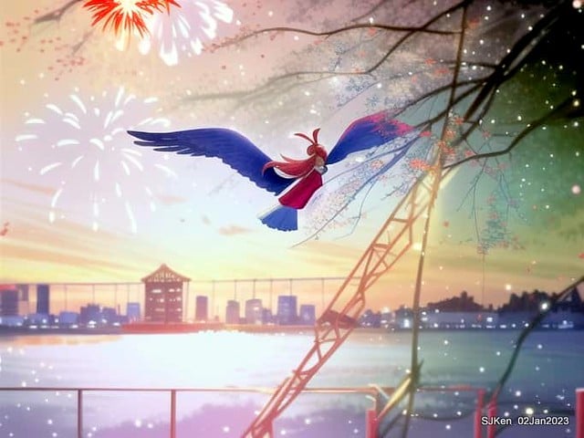 AI painting artwork creation --- Happy New Year 2023 Fireworks show(小女孩的奇幻焰火秀幸福之旅!), Taipei, Taiwan, SJKen, Jan 2, 2023.