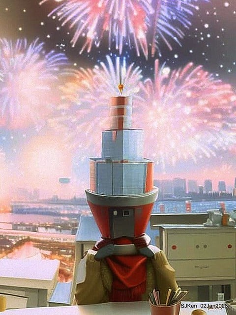 AI painting artwork creation --- Happy New Year 2023 Fireworks show(小女孩的奇幻焰火秀幸福之旅!), Taipei, Taiwan, SJKen, Jan 2, 2023.