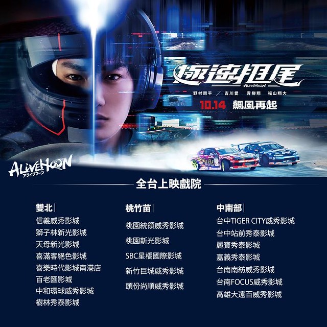The movie posters & stills of Japanese Movie " 極速甩尾" （Alivehoon）will be lauching in Taiwan from Oct  14, 2022 onwards.