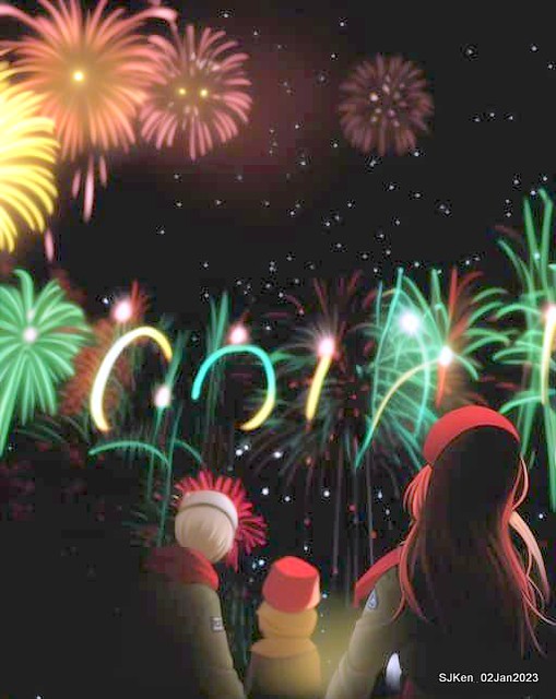 AI painting artwork creation --- Happy New Year 2023 Fireworks show(小女孩的奇幻焰火秀幸福之旅!), Taipei, Taiwan, SJKen, Jan 2, 2023.